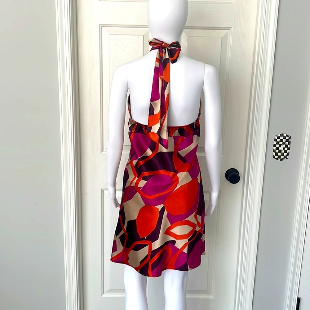 NWOT KLD Signature Abstract Print Silk Slip Satin Vintage Halter Mini Dress -M - Picture 3 of 9
